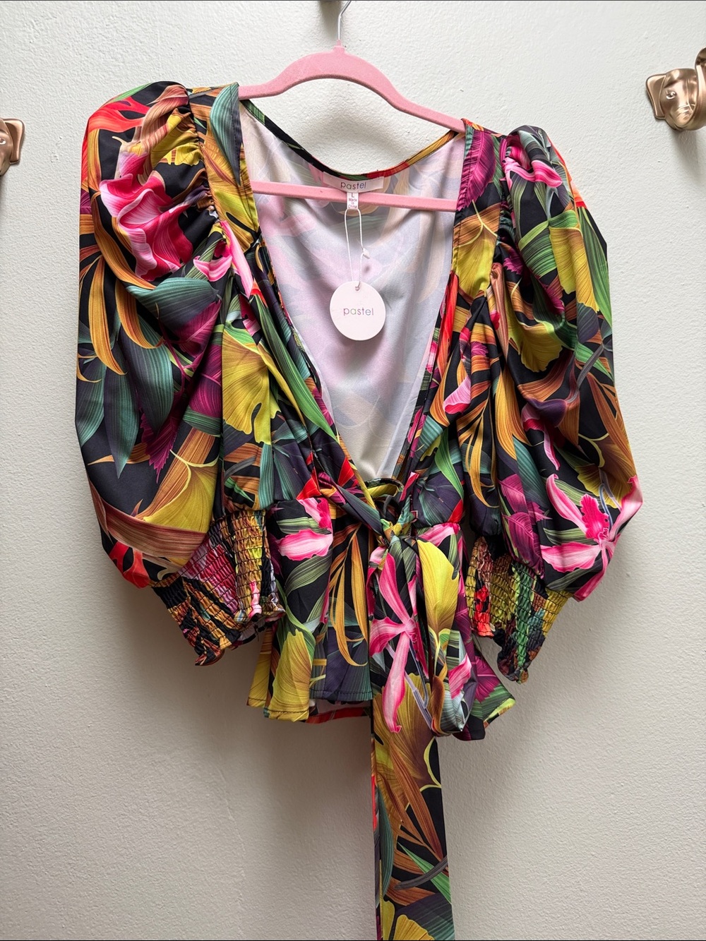 Pastels Tropical Floral Tie-Front Puff Sleeve Blouse - Pink, Green, Yellow